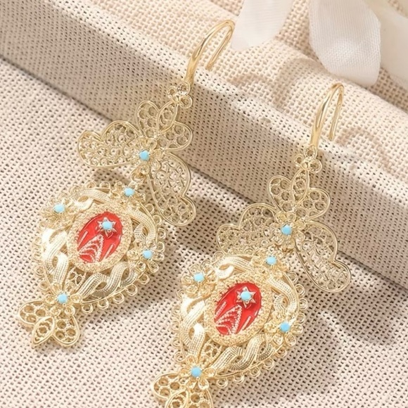 Gold Filigree Earrings with Red Accents - Picture 3 of 3